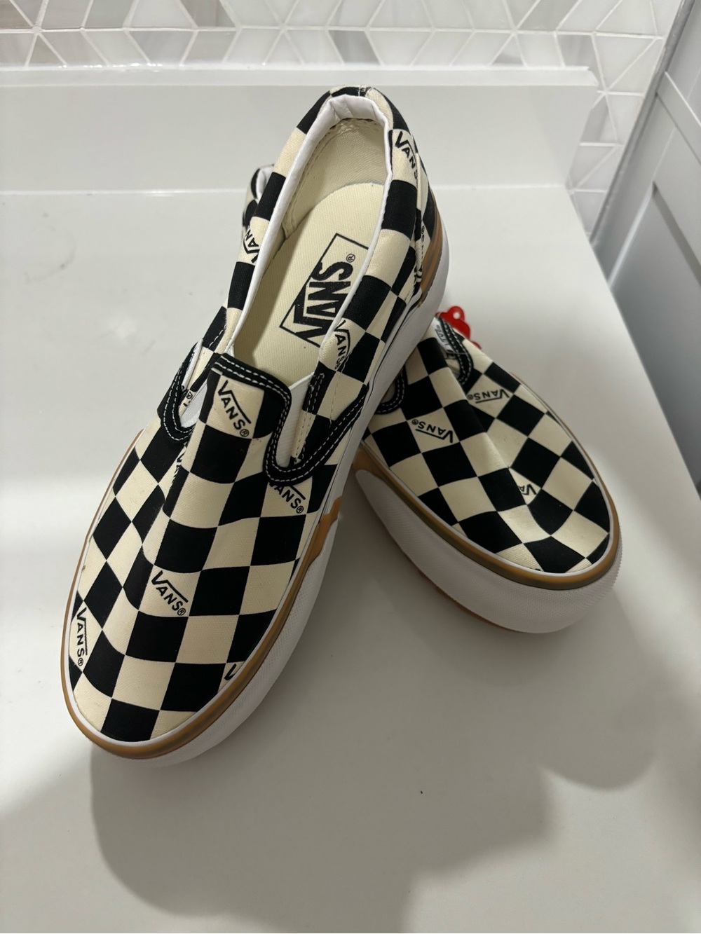 Vans Kids Checkerboard Slip-On Sneakers - Black & White with Gum Sole - Picture 2 of 2